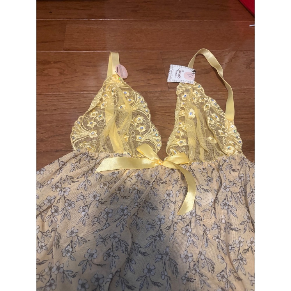Spree Intimates Babydoll Floral Yellow Lace Sequin Lingerie Set 2X NWT Coquette - Picture 4 of 8